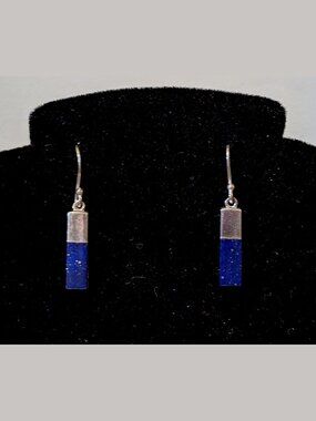 Artisan Sterling Silver Blue Lapis Drop Dangle Hook Baguette Earring Signed Boma